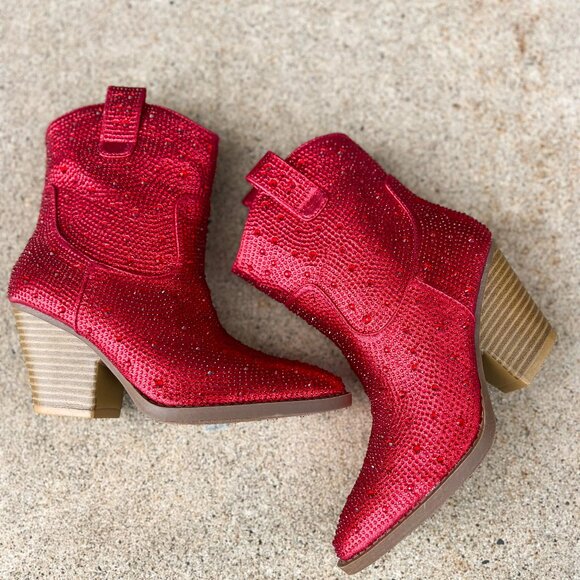 New Red Rhinestone Cowgirl Cowboy Western Ankle Boots Booties Block Heel Pull-On - Picture 6 of 6